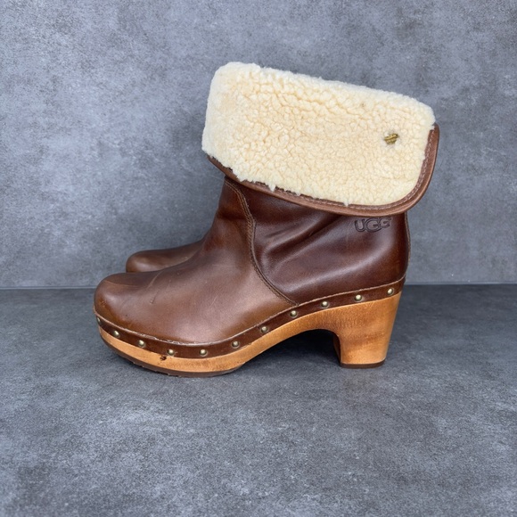 UGG 1958 Lynnea Leather Studded Foldover Clog Boot Shearling Cuff, Brown, Size 6 - Picture 4 of 11